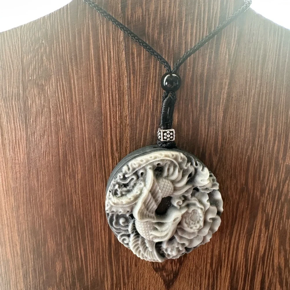Tai Chi Stone Phoenix an Dragon Pendant Necklace on Black Adjustable Rope - Picture 8 of 13